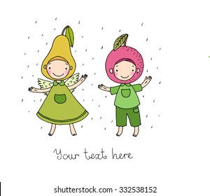 Cute cartoon apple and pear.Hand drawn vector illustration.