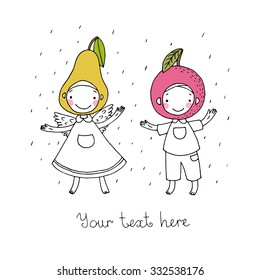 Cute cartoon apple and pear.Hand drawn vector illustration.