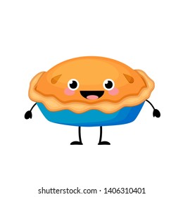 Cute cartoon Apple pie character  vector illustration isolated on white background. Traditional American pie illustration. Kawaii pie