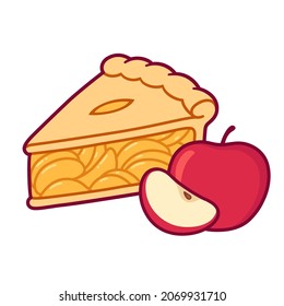 Cute cartoon apple pie drawing. Simple hand drawn pie slice with red apples. Isolated vector clip art illustration.