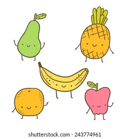 cute cartoon apple, pineapple, banana, pear and orange