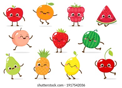 Cute cartoon apple, raspberry, strawberry, watermelon, pineapple, peach, orange, pear, cherry and lemon. Cartoon fruit character set. Funny emoticon in flat style. Food emoji vector illustration