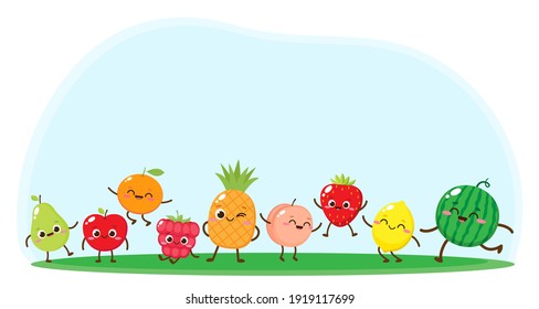 Cute cartoon apple, raspberry, strawberry, watermelon, pineapple, peach, orange, pear and lemon Cartoon fruit character set