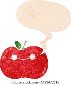 cute cartoon apple with speech bubble in grunge distressed retro textured style