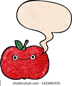 cute cartoon apple with speech bubble in retro texture style