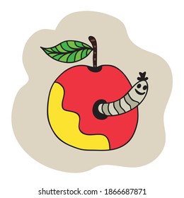 Cute cartoon apple and worm. Vector illustration