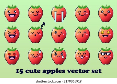 Cute Cartoon Apples Fruit with Kawaii Faces and Chibi Style Emoticon Vector Set