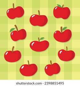 Cute cartoon apples isolated on a green checkered background. Cartoon apple icon and symbol.