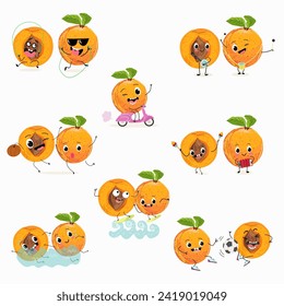 Cute cartoon apricot, peach  character set, collection. Flat vector illustration. Activities, playing musical instruments, sports, funny fruits.