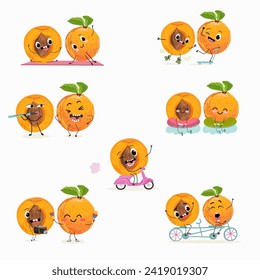 Cute cartoon apricot, peach  character set, collection. Flat vector illustration. Activities, playing musical instruments, sports, funny fruits.