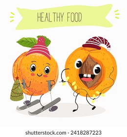 Cute  cartoon apricot, peach characters with different activities. Flat vector illustration, funny fruits. Organic food.
