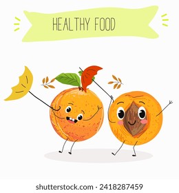 Cute  cartoon apricot, peach characters with different activities. Flat vector illustration, funny fruits. Organic food.