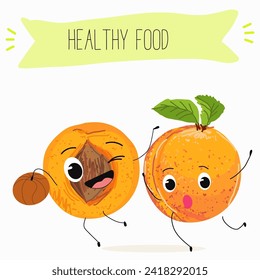 Cute  cartoon apricot, peach characters with different activities. Flat vector illustration, funny fruits. Organic food.