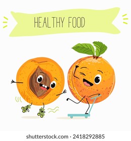 Cute  cartoon apricot, peach characters with different activities. Flat vector illustration, funny fruits. Organic food.