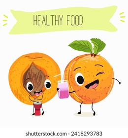 Cute  cartoon apricot, peach characters with different activities. Flat vector illustration, funny fruits. Organic food.