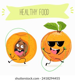 Cute  cartoon apricot, peach characters with different activities. Flat vector illustration, funny fruits. Organic food.