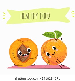 Cute  cartoon apricot, peach characters with different activities. Flat vector illustration, funny fruits. Organic food.