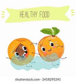 Cute  cartoon apricot, peach characters with different activities. Flat vector illustration, funny fruits. Organic food.
