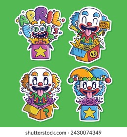 Cute cartoon April fool day with clown box surprise vector illustration set. Hand drawn vector illustration