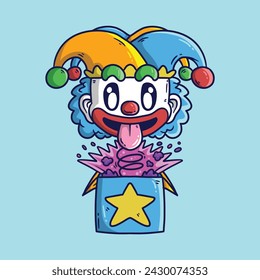 Cute cartoon April fool day with clown box surprise vector illustration. Hand drawn vector illustration