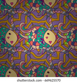 Cute cartoon aquarium fish animals background for kids Vector illustration. Tropical exotic fishes underwater diving. Print. Fishes seamless pattern.