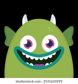 Cute cartoon aquatic water monster. Funny green monster face in childish style. Vector illustration