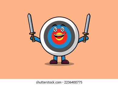 Cute cartoon Archery target character holding two sword in 3d modern design illustration