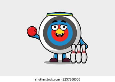 Cute cartoon Archery target character playing bowling in flat modern style design illustration