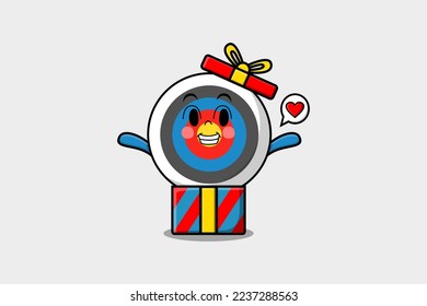 Cute cartoon Archery target character coming out from big gift box look so happy flat cartoon style