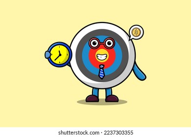 Cute cartoon Archery target character holding clock illustration with happy expression
