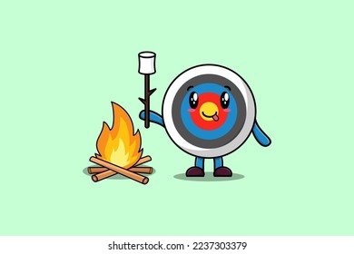 Cute cartoon Archery target character is burning marshmallow