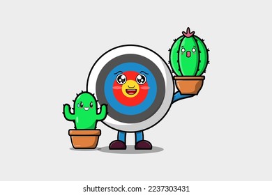 Cute cartoon Archery target character holding plant in pot vector icon illustration