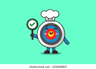 Caricatura corta tiro al arco personaje de chef objetivo sosteniendo la ilustración vectorial del tablero de signos correcto