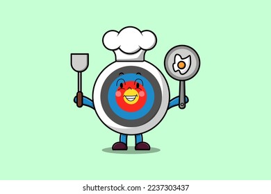 Cute cartoon Archery target chef character holding pan and spatula flat cartoon style illustration