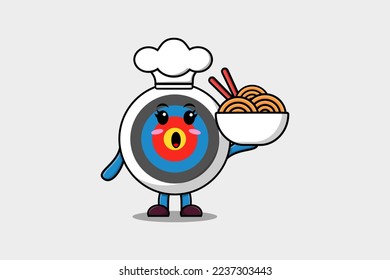 Cute cartoon Archery target chef character holding noodles in bowl flat cartoon style illustration