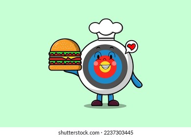 Cute cartoon Archery target chef character holding burger in flat cartoon style illustration