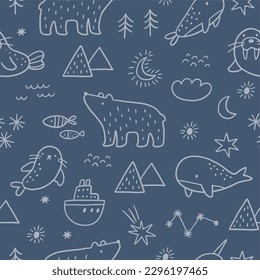 Cute Cartoon Arctic animais im Doodle-Stil. Arktische Abenteuer Vektor nahtlos Muster mit Bär, Robbe, Wal, Walrus, Sterne, Baum, Ozean