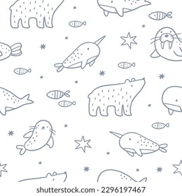 Cute cartoon arctic animais in doodle style. Arctic adventure vector seamless pattern with bear, seal, whale, walrus, stars, tree, ocean