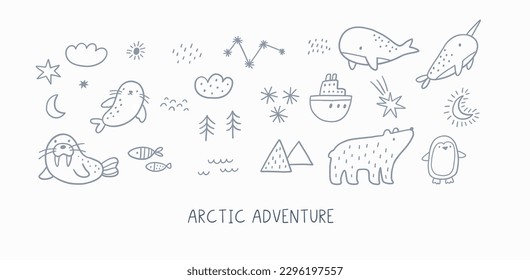 Cute Cartoon Arctic animais im Doodle-Stil. arktisches Abenteuer, Vektorgrafik mit Bär, Robbe, Wal, Walrus, Sternen, Baum, Ozean