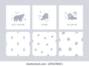 Cute cartoon arctic animais in doodle style. Arctic adventure vector print with bear, seal, walrus, stars, moon 