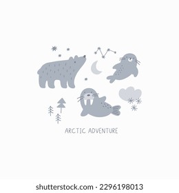 Cute Cartoon Arctic animais im Doodle-Stil. arktisches Abenteuer, Vektorgrafik mit Bär, Robbe, Walrus, Sternen, Mond 