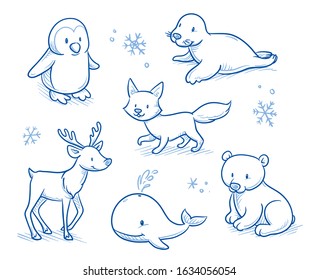 Cute cartoon arctic animals for children as penguin, seal, reindeer, snow fox, ice bear and whale. Hand drawn doodle vector illustration.