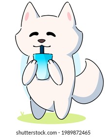Cute cartoon arctic fox drinking blueberry cocktail, vector illustration