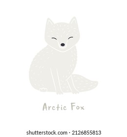 Cute cartoon arctic fox, isolated on white. Hand drawn vector illustration. Winter animal character. Arctic wildlife, nature. Design concept for kids fashion, textile print, poster, card, baby shower.