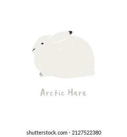 Cute cartoon arctic hare, isolated on white. Hand drawn vector illustration. Winter animal character. Arctic wildlife, nature. Design concept for kids fashion, textile print, poster, card, baby shower