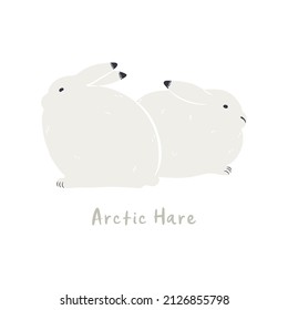 Cute cartoon arctic hares, isolated on white. Hand drawn vector illustration. Winter animal character. Arctic wildlife, nature. Design concept kids fashion, textile print, poster, card, baby shower.