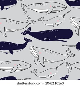 Cute cartoon arctic whale, narwhal vector seamless pattern