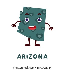 Cute cartoon Arizona state character clipart. Illustrated map of state of Arizona of USA with state name. Funny character design for kids game, sticker, cards, poster. Vector stock illustration.