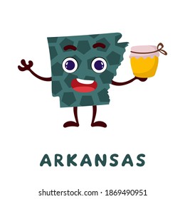 Caricatura educada del personaje estatal de Arkansas. Mapa ilustrado del estado de Arkansas de Estados Unidos con nombre de estado. Diseño de caracteres divertidos para juegos de niños, pegatinas, tarjetas, afiches. Ilustración de material vectorial.