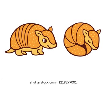 Cute Cartoon Armadillo Drawing, Standing And Roll Up In A Ball. Isolated Vector Illustration.